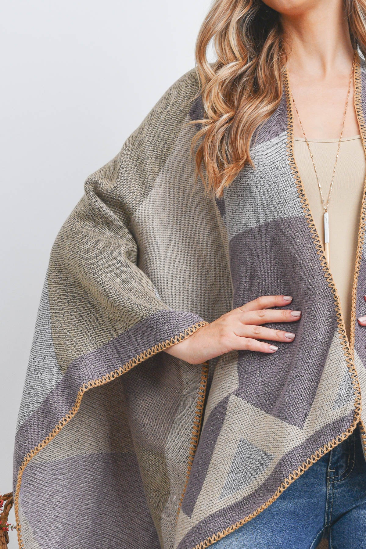 OPEN FRONT GEOMETRIC SHAPE PRINT RUANA WRAP KIMONO – Riah Fashion