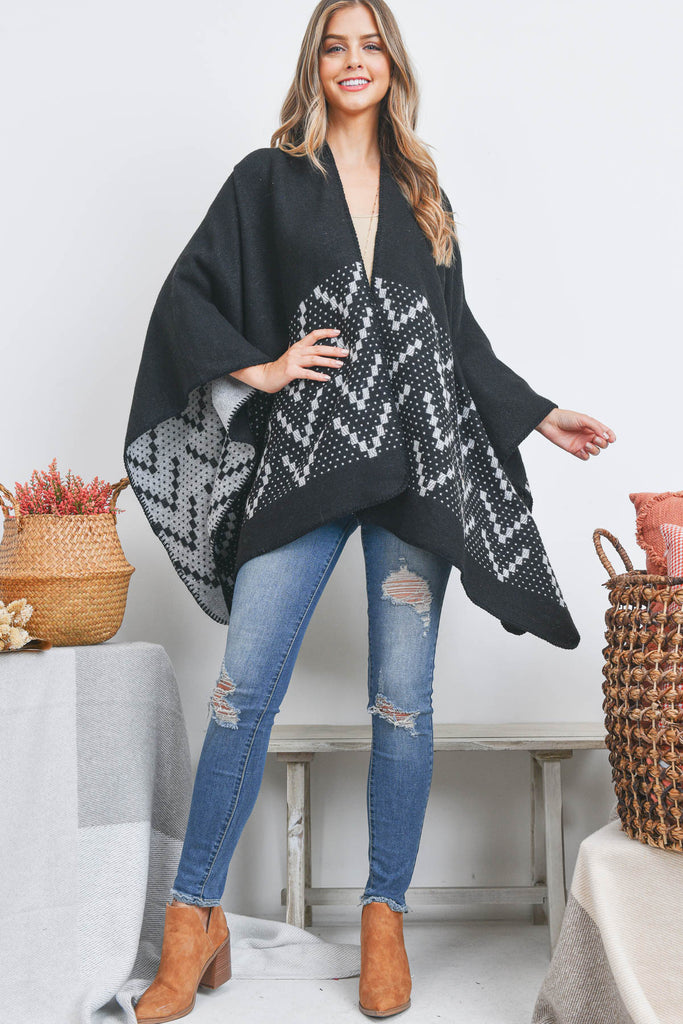 OPEN FRONT SQUARE PATTERN RUANA WRAP KIMONO