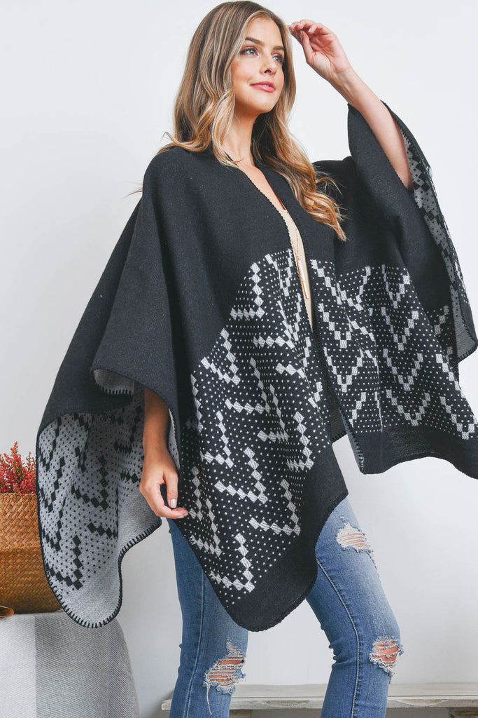 OPEN FRONT SQUARE PATTERN RUANA WRAP KIMONO