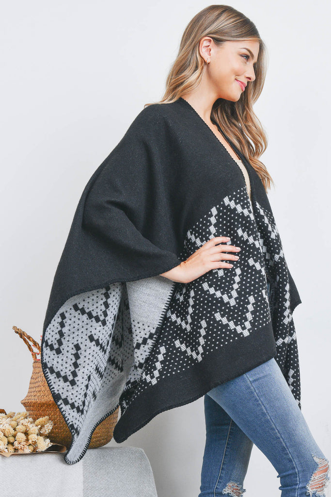 OPEN FRONT SQUARE PATTERN RUANA WRAP KIMONO