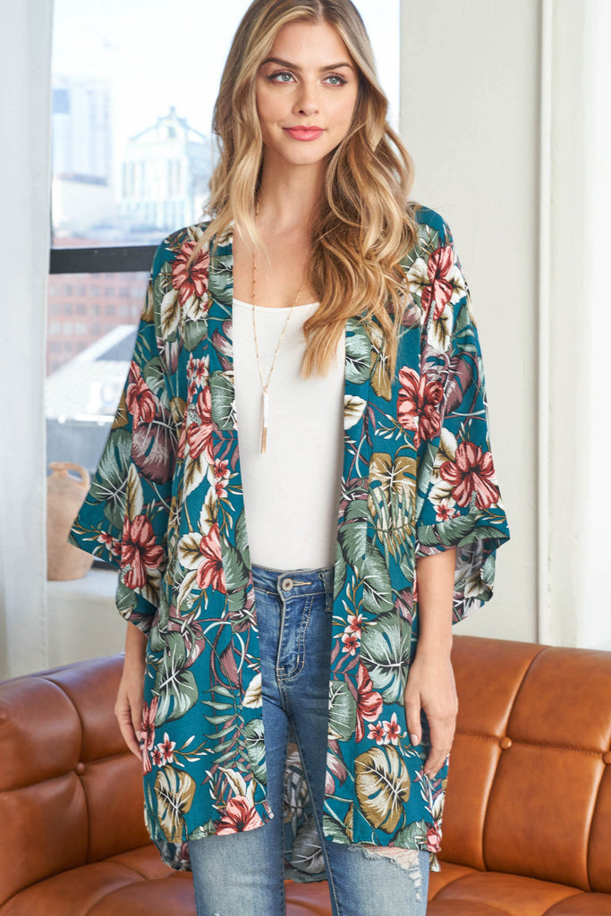 HDF3589 - TROPICAL FLORAL PRINT OPEN FRONT BOHEMIAN KIMONO