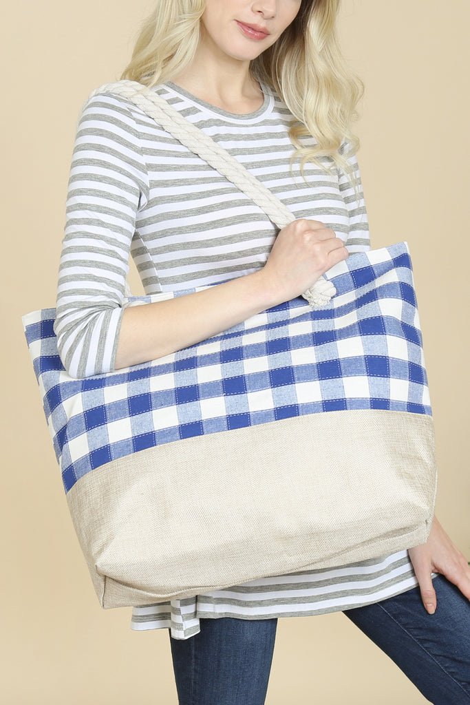 STITCHED PLAID PATTERN TOTE BAG