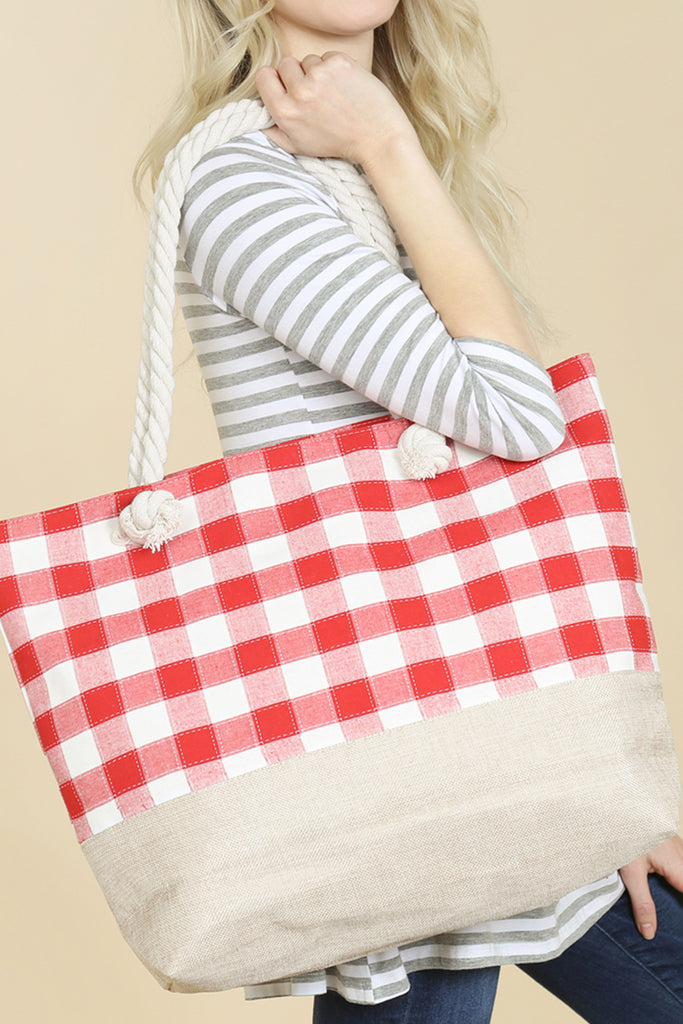 STITCHED PLAID PATTERN TOTE BAG