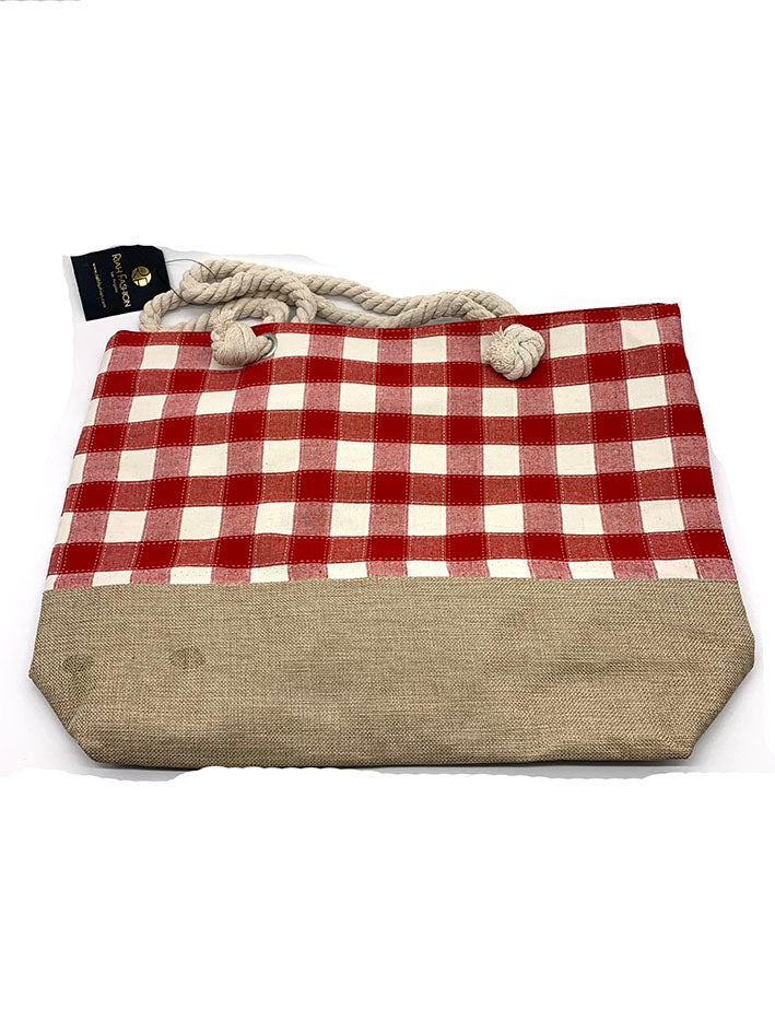 STITCHED PLAID PATTERN TOTE BAG