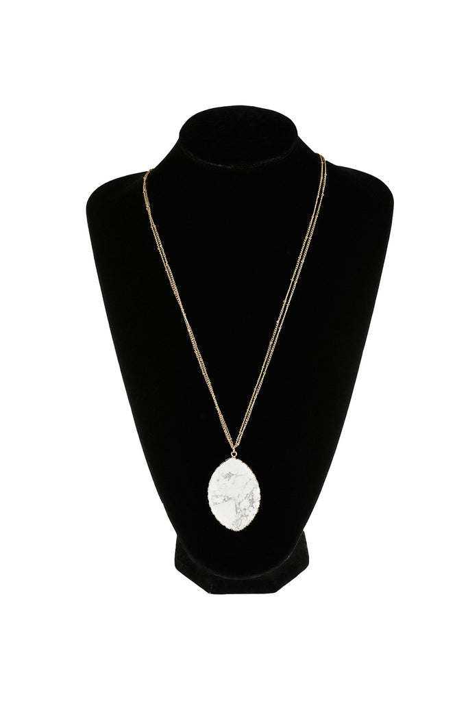 HDN2875 - NATURAL STONE WRAP OVAL PENDANT CHAIN NECKLACE