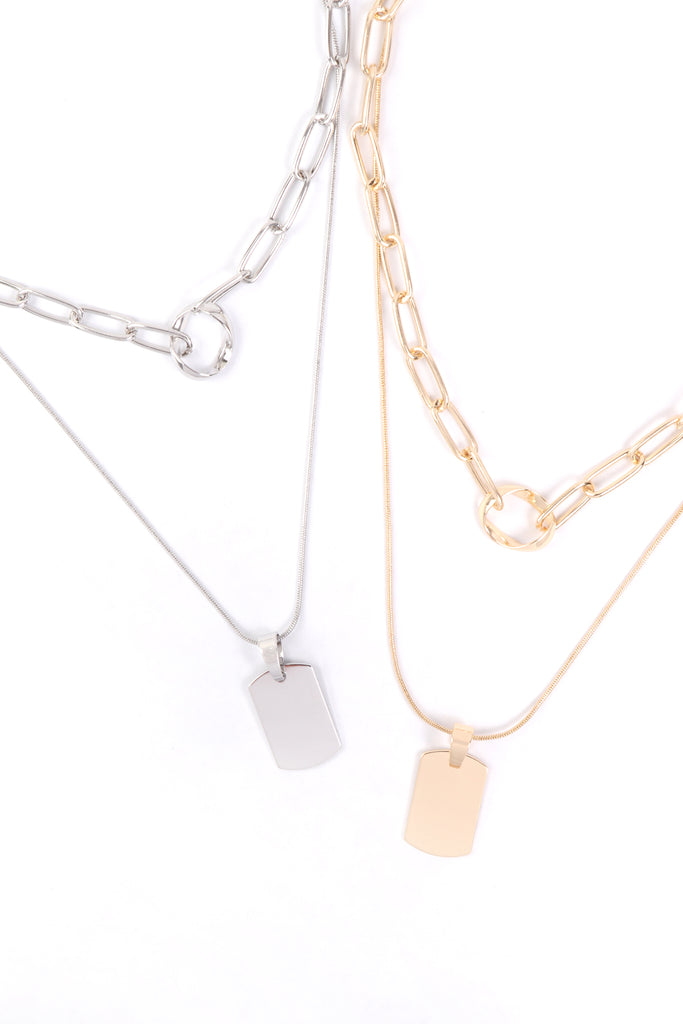 HDN3127 - BLANK DOG TAG WITH LAYERED CHAIN NECKLACE