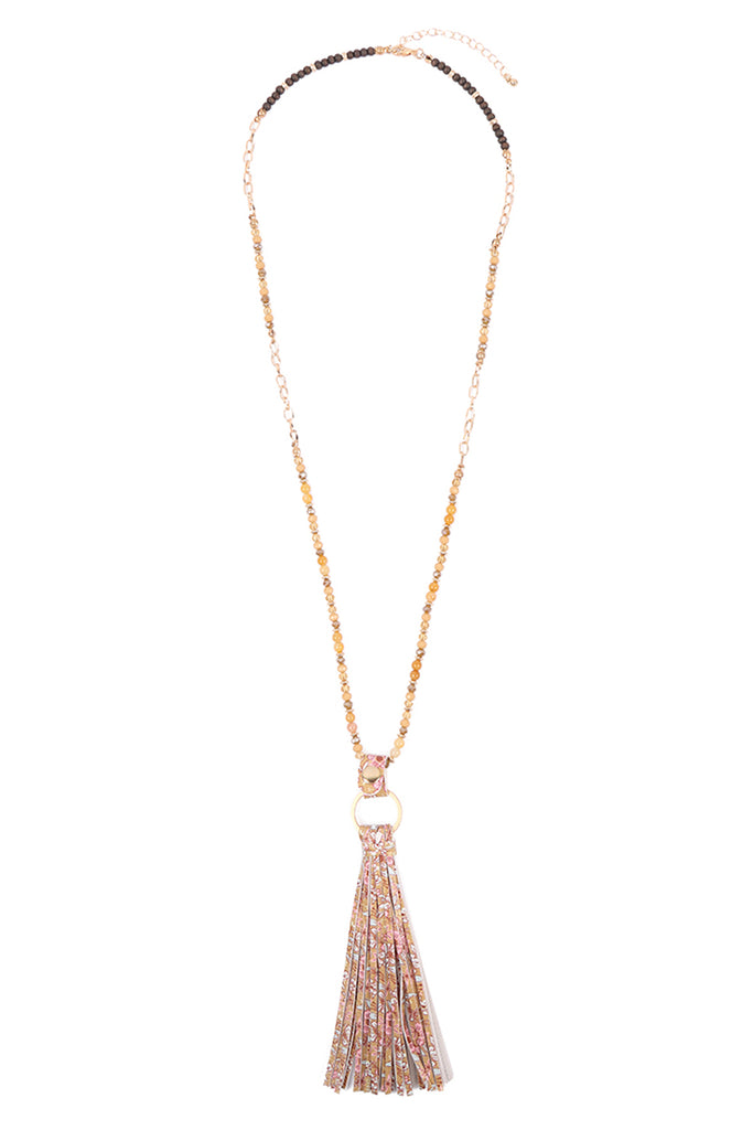 HDN3337 - FLORAL LEATHER TASSEL PRINT PENDANT NECKLACE