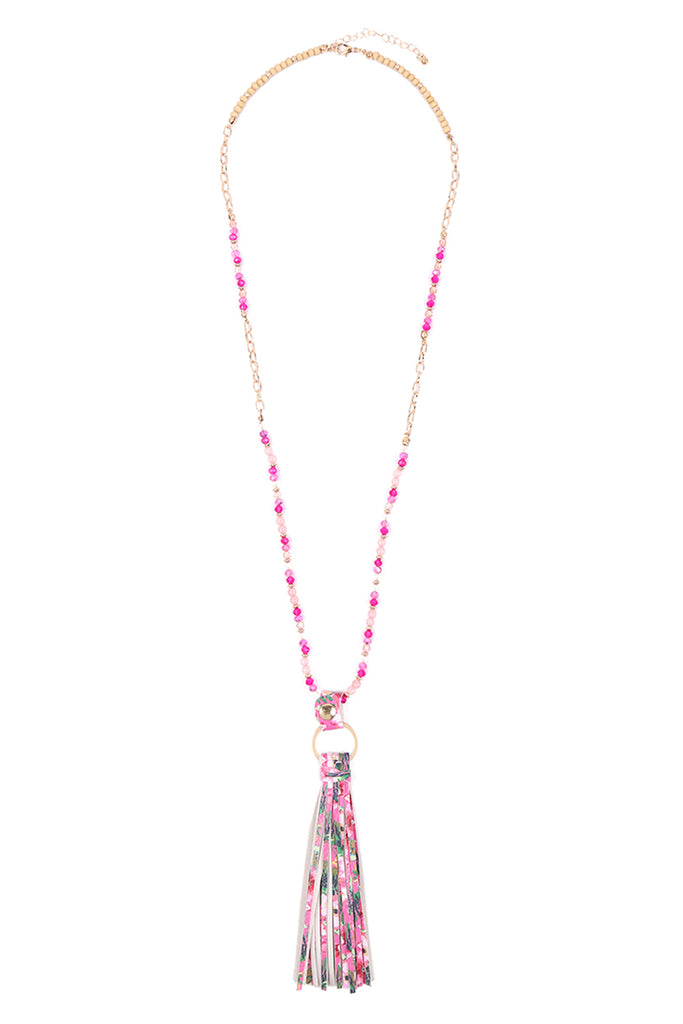 HDN3337 - FLORAL LEATHER TASSEL PRINT PENDANT NECKLACE