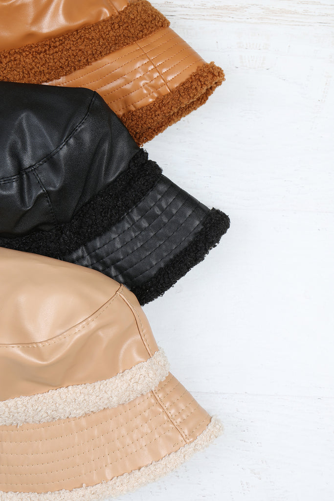 PU LEATHER WITH FUZZY FLEECE KNIT BUCKET HAT