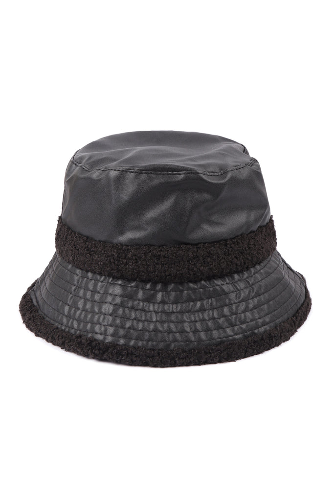 PU LEATHER WITH FUZZY FLEECE KNIT BUCKET HAT