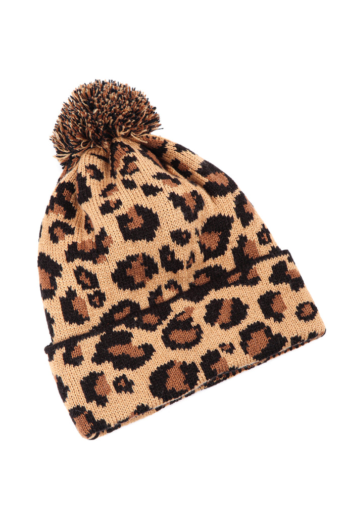 LEOPARD KNITTED POMPOM BEANIE