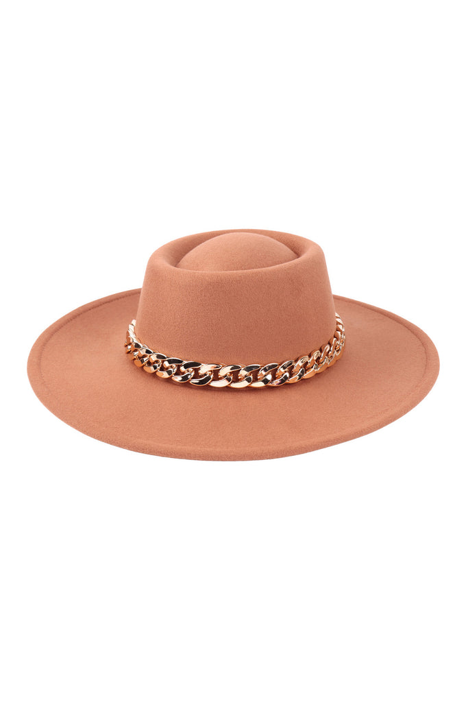 FELT BRIM FASHION HAT W/ CHAIN ACCENT