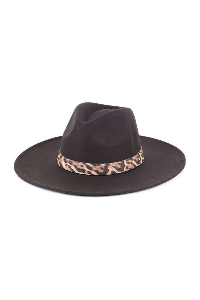 FELT FASHION BRIM HAT W/ LEOPARD ACCENT