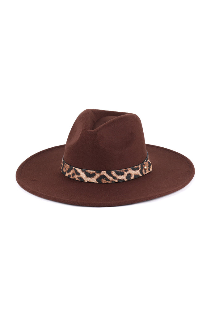 FELT FASHION BRIM HAT W/ LEOPARD ACCENT