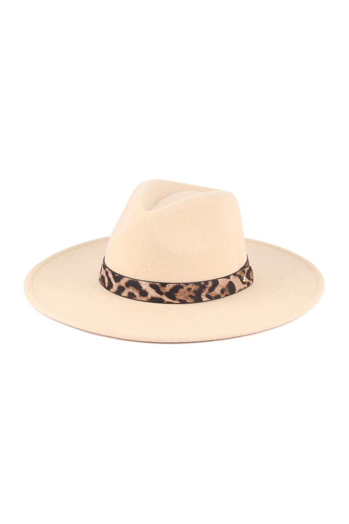 FELT FASHION BRIM HAT W/ LEOPARD ACCENT