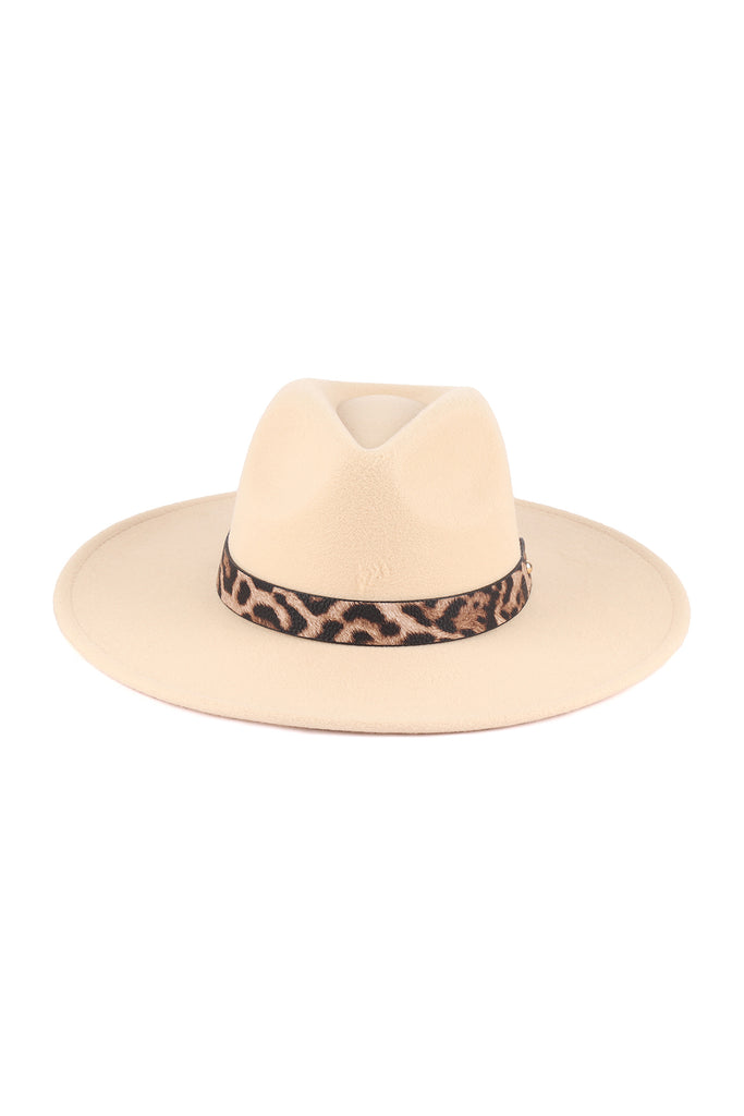 FELT FASHION BRIM HAT W/ LEOPARD ACCENT