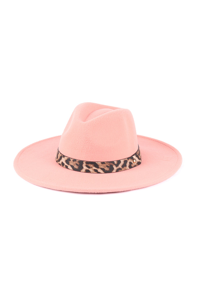 FELT FASHION BRIM HAT W/ LEOPARD ACCENT