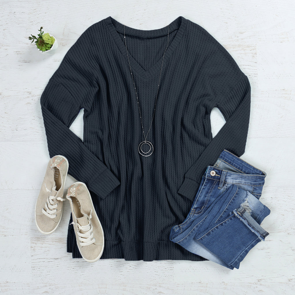 Thermal Waffle V-Neck Sweater