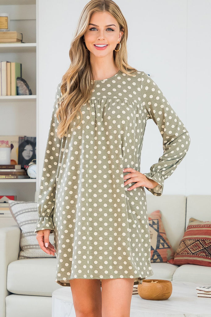 Ruffle Long Sleeve Polka Dot Shirring Detail Dres