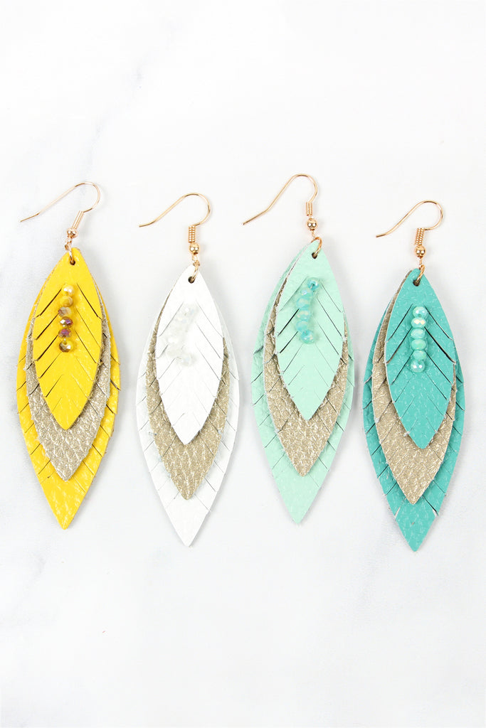 THREE LAYER FRINGE LEATHER MARQUISE EARRINGS