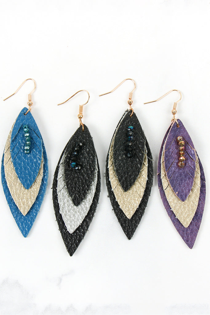 THREE LAYER FRINGE LEATHER MARQUISE EARRINGS