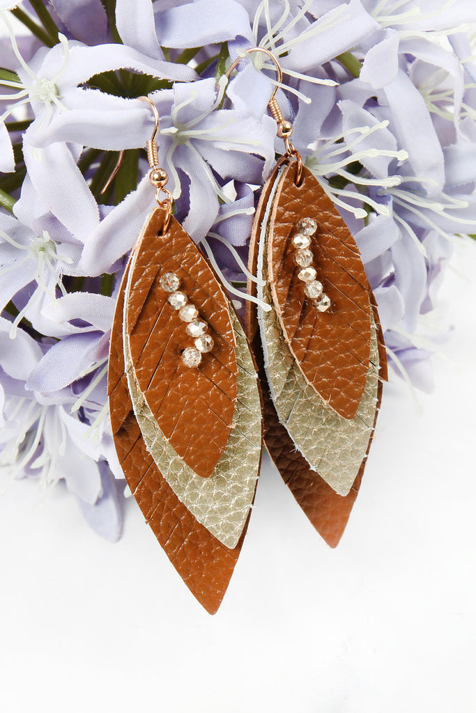 THREE LAYER FRINGE LEATHER MARQUISE EARRINGS