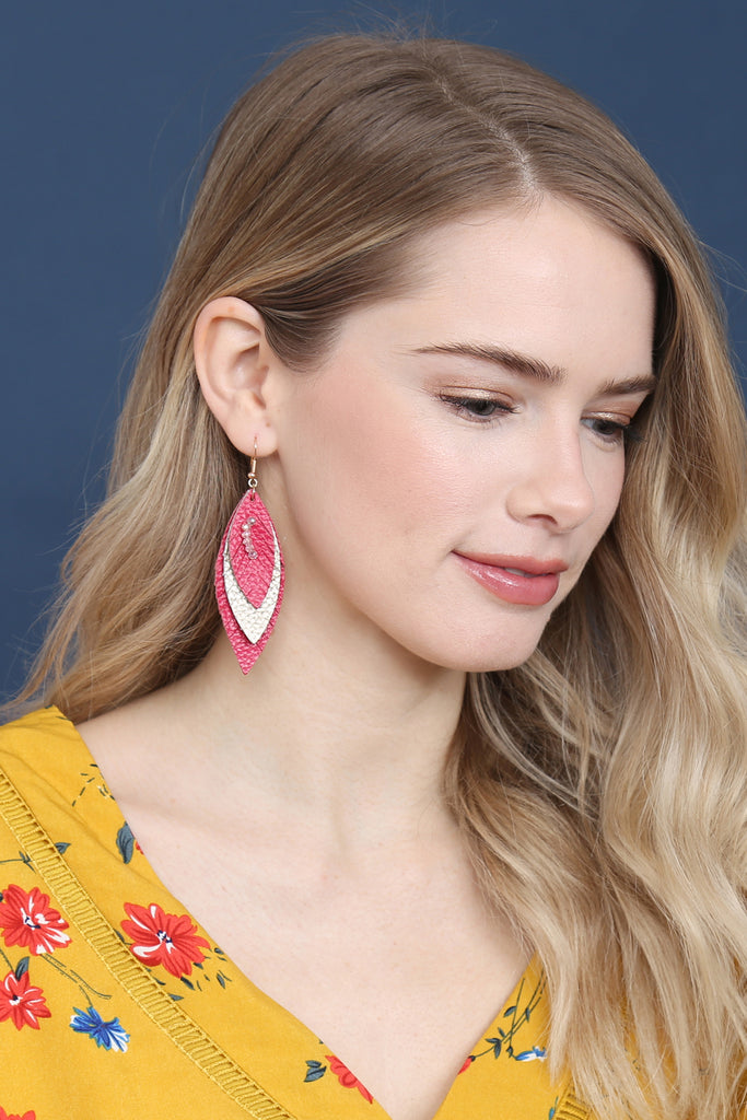 THREE LAYER FRINGE LEATHER MARQUISE EARRINGS