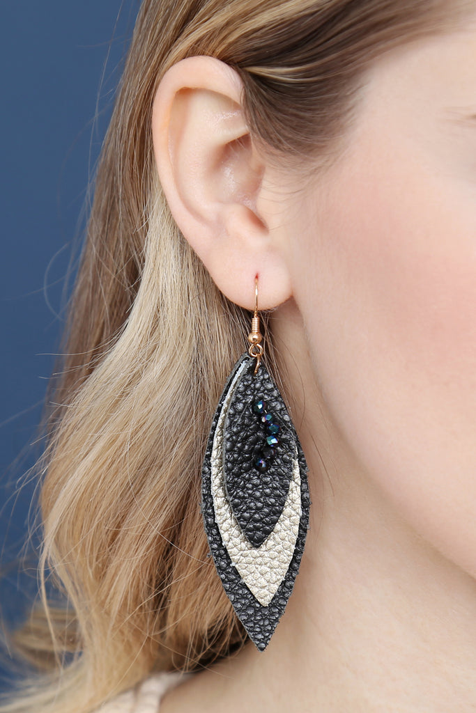 THREE LAYER FRINGE LEATHER MARQUISE EARRINGS