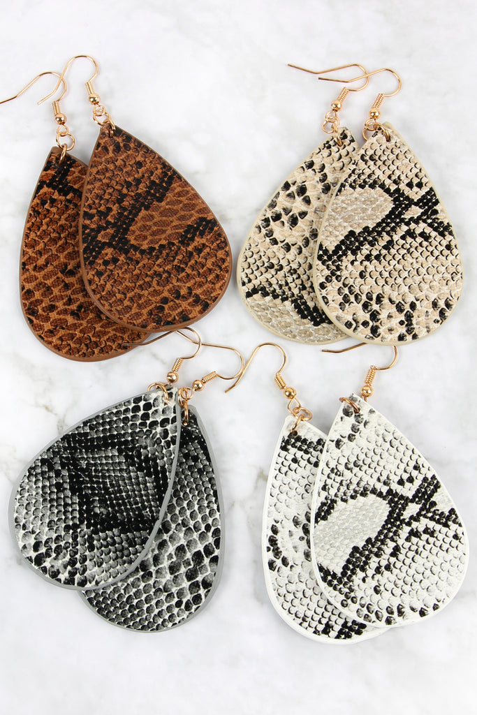 SNAKE SKIN TEARDROP LEATHER EARRINGS