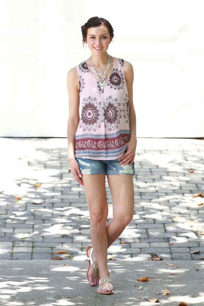 Pink V-Neck Sleeveless Print Top