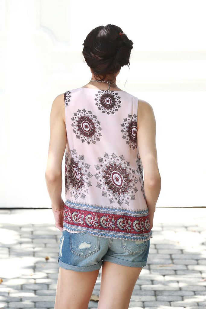 Pink V-Neck Sleeveless Print Top