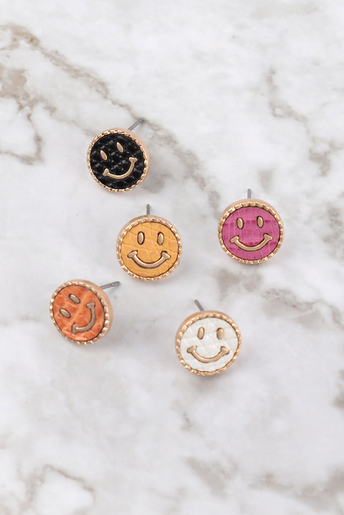 SMILEY FACE LEATHER STUD EARRINGS
