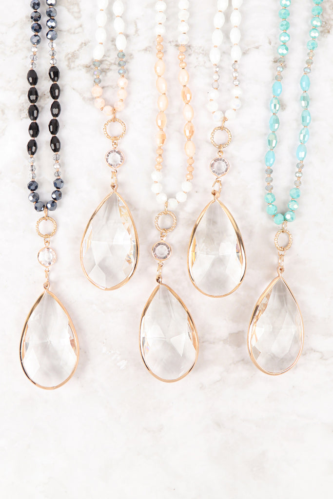 GLASS BEADS LONG NECKLACE WITH CRYSTAL TEARDROP PENDANT