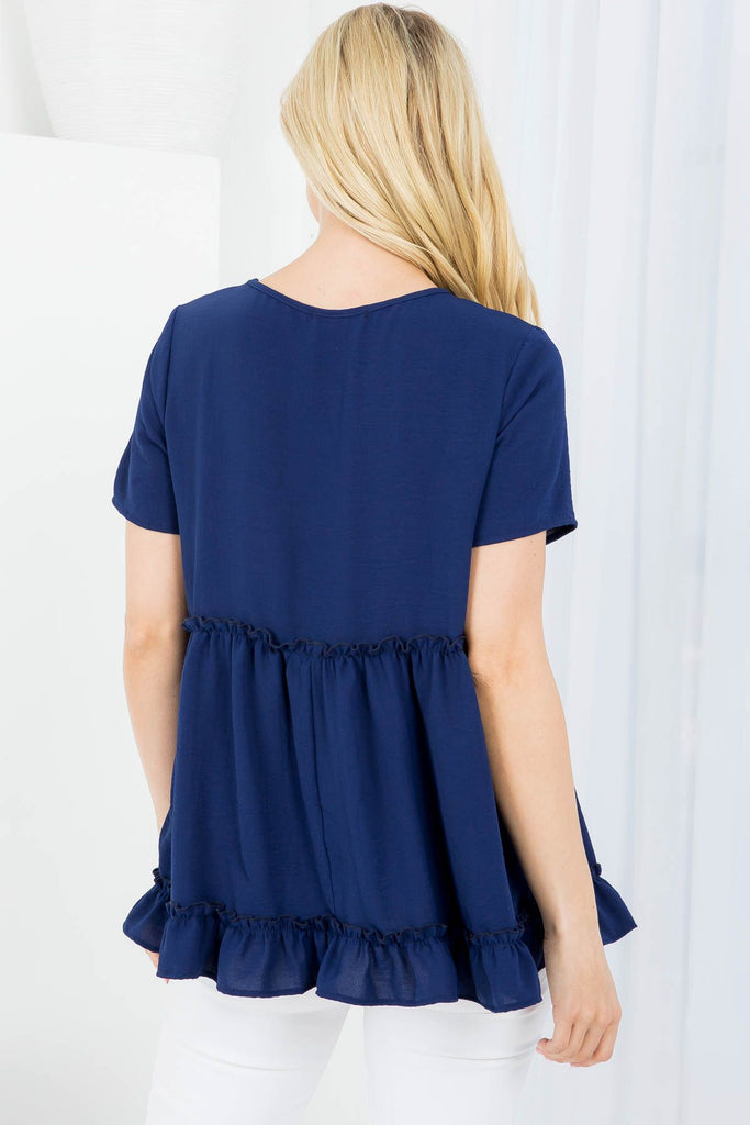 Solid Short Ruffle Hem Merrow Detail Top