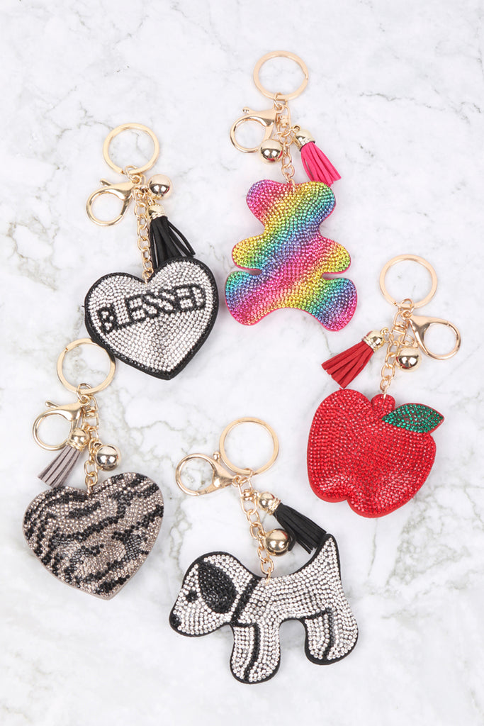 KC440X015 - APPLE RHINESTONE TASSEL KEYCHAIN