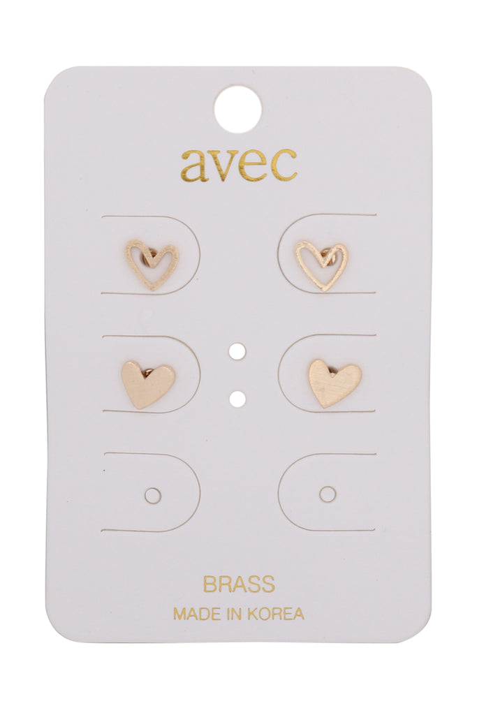 2 PAIR SET HEARTS FLAT METAL STUD EARRINGS