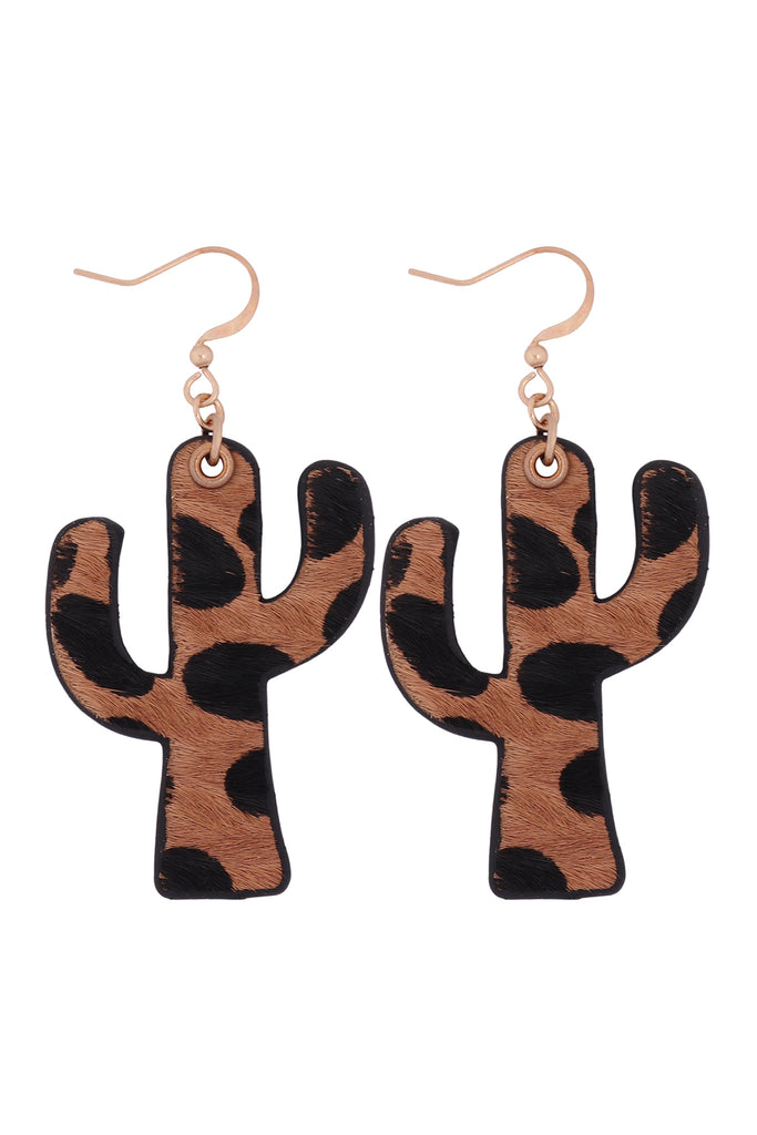 GENUINE LEATHER ANIMAL PRINT CACTUS DROP HOOK EARRINGS