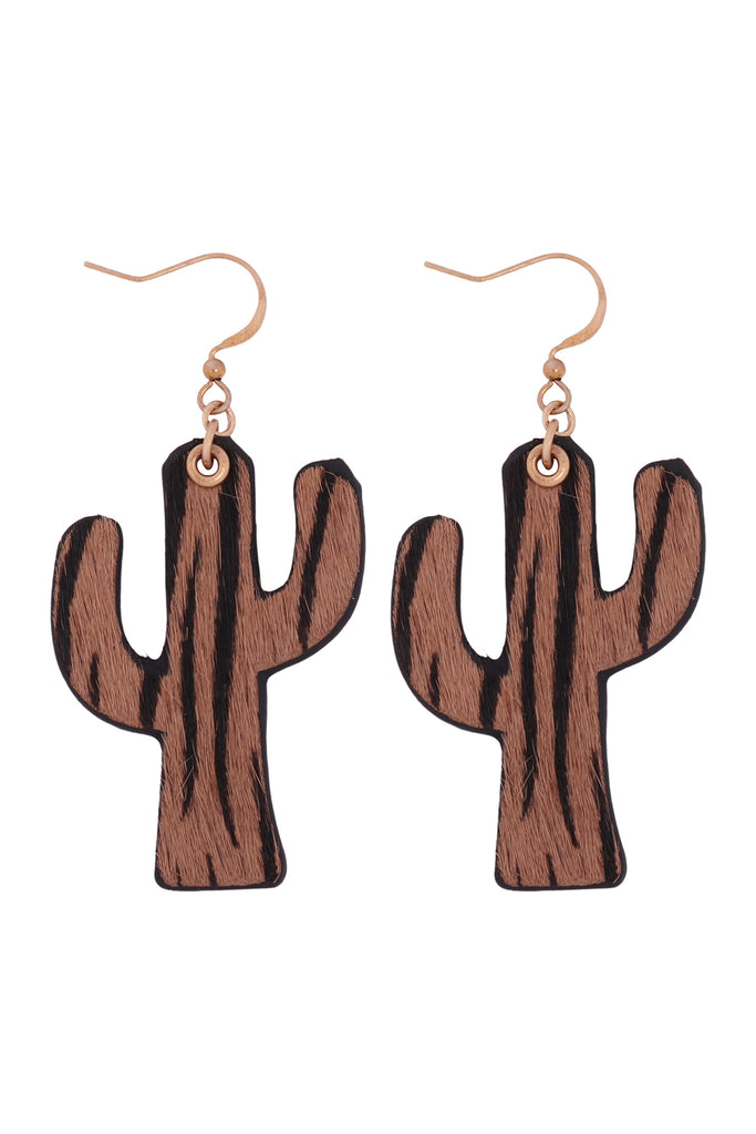 GENUINE LEATHER ANIMAL PRINT CACTUS DROP HOOK EARRINGS