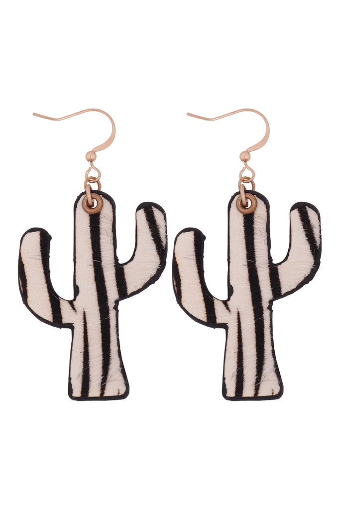 GENUINE LEATHER ANIMAL PRINT CACTUS DROP HOOK EARRINGS