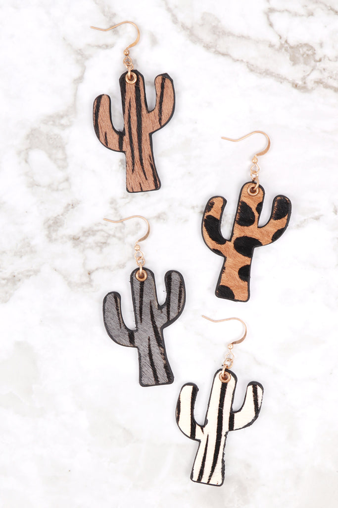 GENUINE LEATHER ANIMAL PRINT CACTUS DROP HOOK EARRINGS