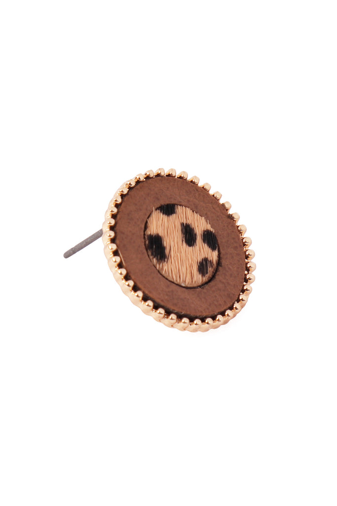 ANIMAL PRINT LEATHER ROUND TWO TONE POST EARRINGS