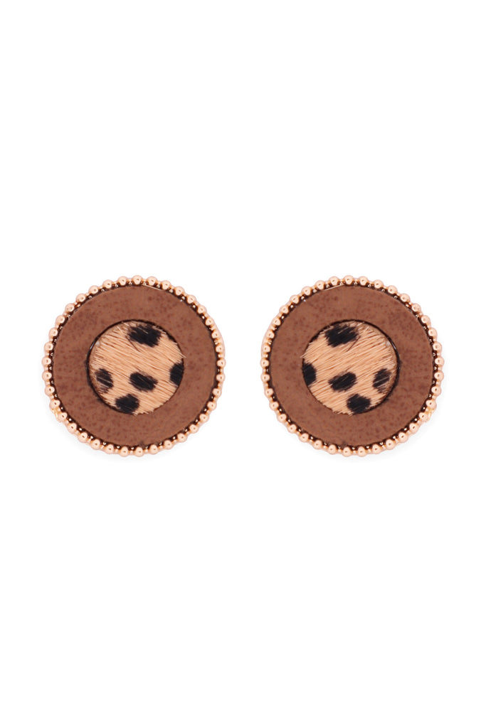 ANIMAL PRINT LEATHER ROUND TWO TONE POST EARRINGS
