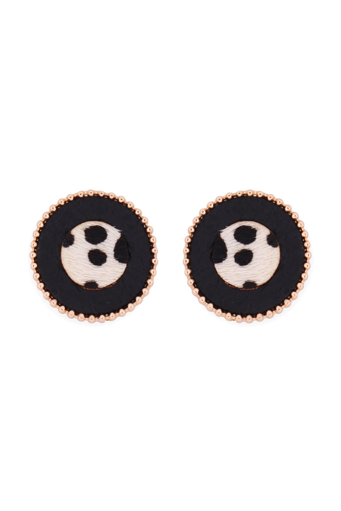ANIMAL PRINT LEATHER ROUND TWO TONE POST EARRINGS