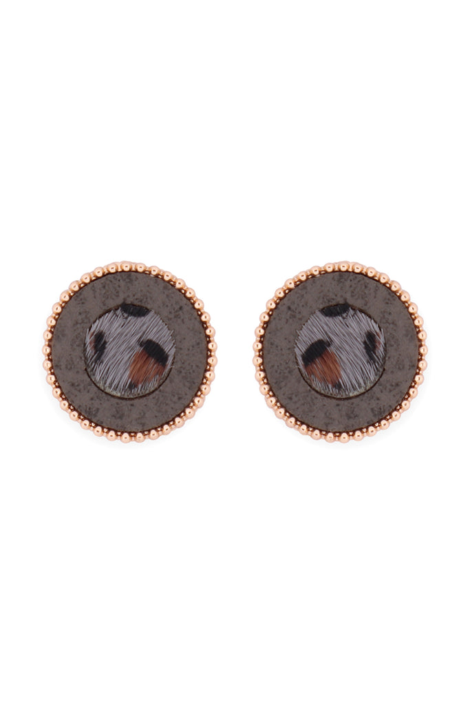 ANIMAL PRINT LEATHER ROUND TWO TONE POST EARRINGS