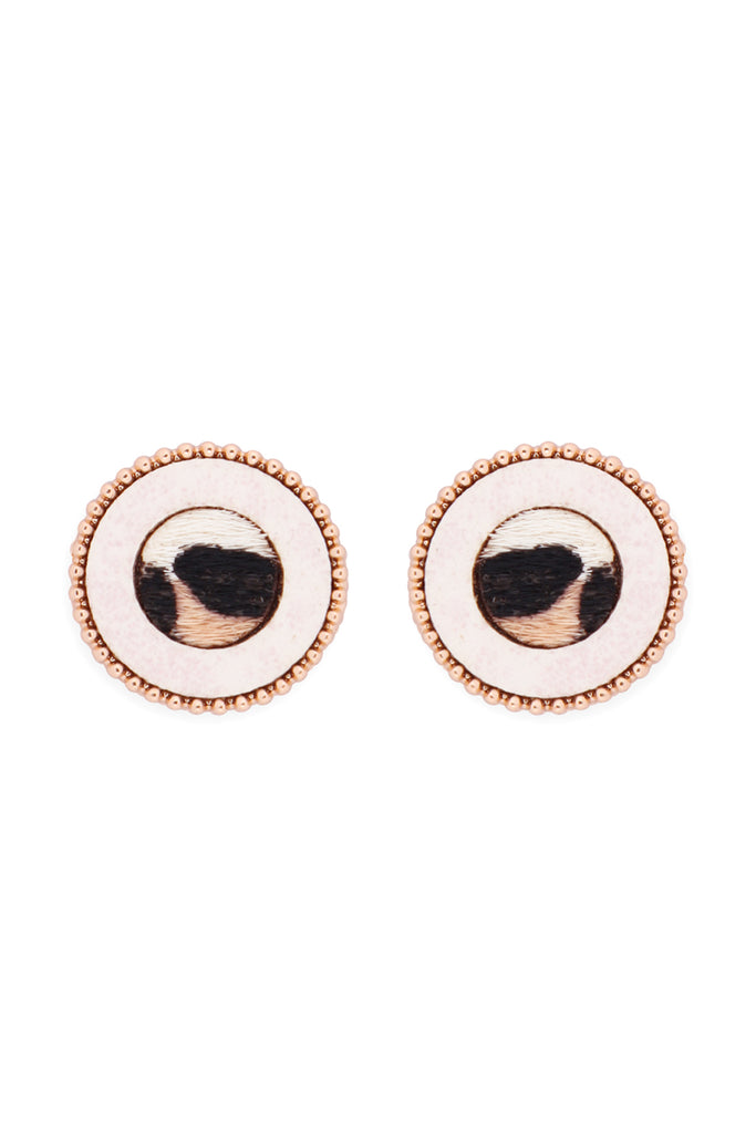 ANIMAL PRINT LEATHER ROUND TWO TONE POST EARRINGS