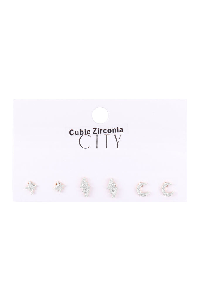ME8708 - CUBIC ZIRCONIA 3PAIR SET STAR BURST LIGHTHING MOON