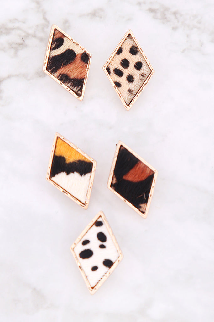 GENUINE LEATHER ANIMAL PRINT DIAMOND POST EARRINGS