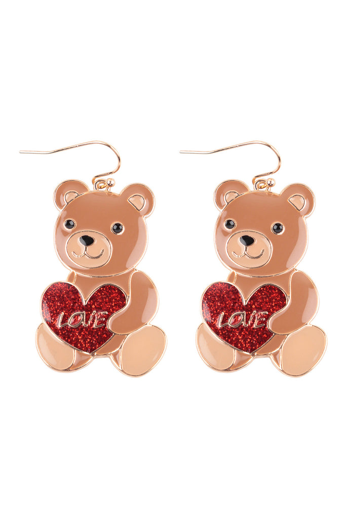 LOVE HEART TEDDY BEAR ENAMEL FISH HOOK EARRINGS