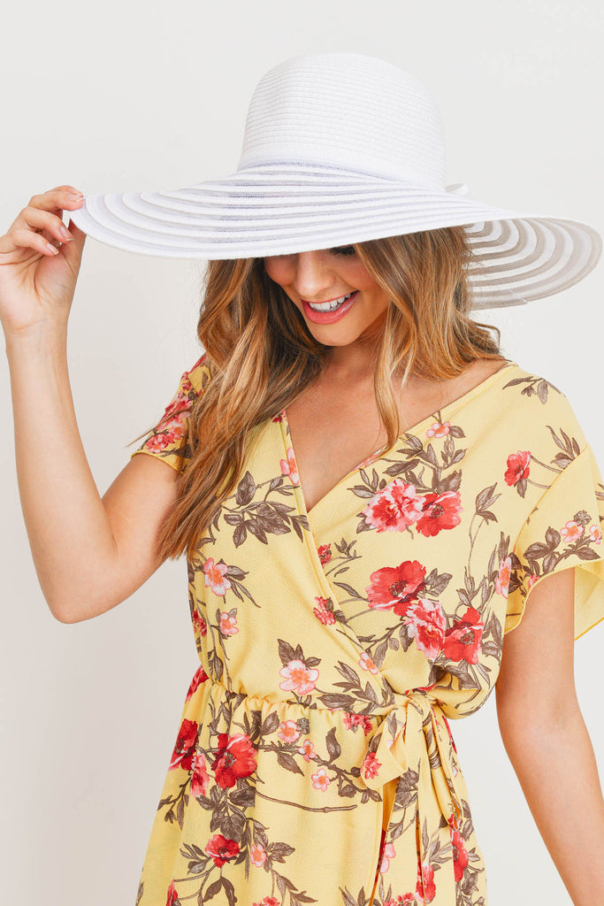 WHITE MESH STRIPE BOW SUMMER FLOPPY BRIM HAT