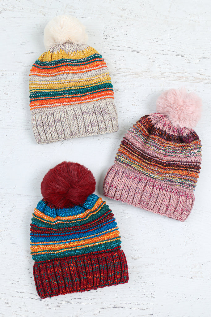 MULTICOLOR STRIPE FLEECE POMPOM BEANIE